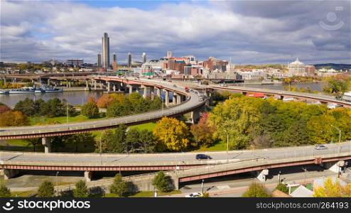 Aerial view Rensselaer NY highway transportation Hudson River flowing past the capital city of Albany