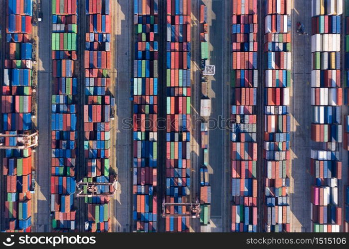Aerial view sea container ship in import export and business logistic, Container ship loading and unloading in deep sea port.