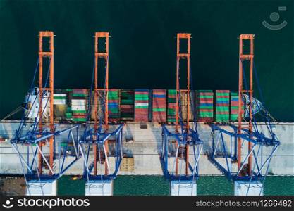 Aerial view sea port Container cargo loading ship in import export business logistic. Freight transportation. shipping business logistic. Trade Port and Shipping cargo to harbor.