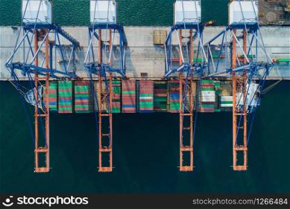 Aerial view sea port Container cargo loading ship in import export business logistic. Freight transportation. shipping business logistic. Trade Port and Shipping cargo to harbor.