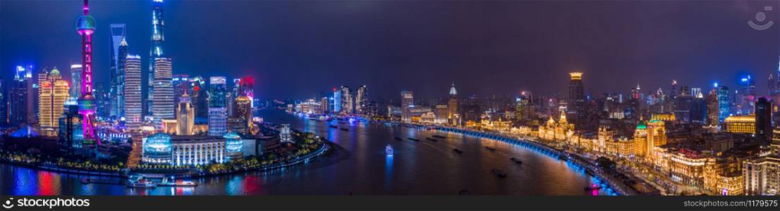 Aerial view Shanghai skyline and skyscraper panorama, Shanghai modern city in China on the Huangpu River.