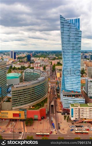 Aerial view, skyscrapers and modern city from Palace of Culture and Science in Warsaw, Poland