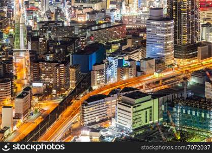 Aerial view street light illumination in Yokohama City Japan. Yokohama is the second largest city in Japan by population.