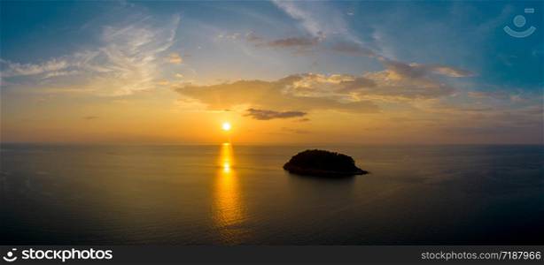 aerial view sunset above Karon Beach is a famouse landmark and popular sunset viewpoint of Phuket Thailand