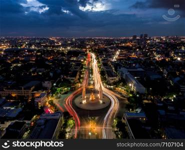 Aerial view The Democracy Monument at Bangkok city night, Center of Bangkok