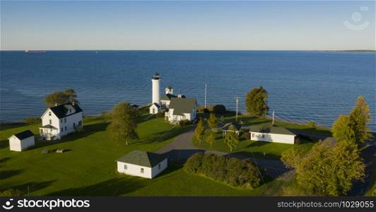 Aerial View Tibbetts Point Lighthouse Shores of Lake Ontario in New York State