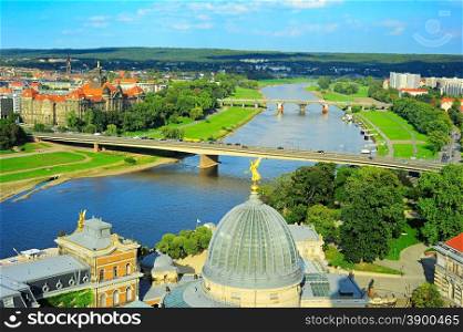 Aerial view to Elbe river from Frauenkirche. Dresden, Germany