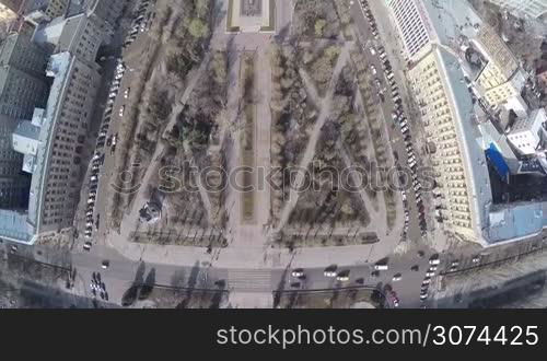 Aerial: View to the Square of Fallen Soldiers located in the centre of Volgograd, Russia. There is eternal fire and memorial to to World War II