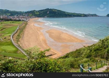 Aerial view to the Zarautz Beach, Basque Country, Spain on a beautiful summer day.. Aerial view to the Zarautz Beach, Basque Country, Spain on a beautiful summer day