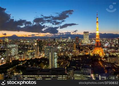 Aerial view Tokyo Tower cityscape sunset at dusk Japan