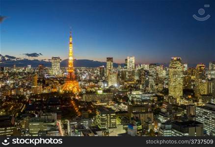 Aerial view Tokyo Tower cityscape sunset at dusk Japan