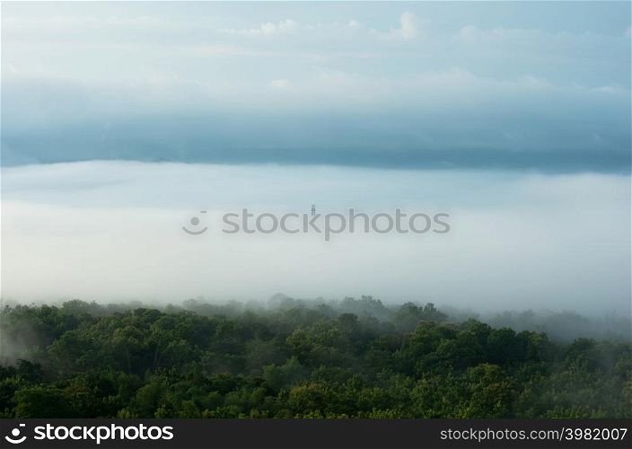 Aerial view transmission tower in green forest and beautiful morning smooth fog. Energy and environment concept. High voltage power poles.. High voltage power poles in green forest. in green forest.