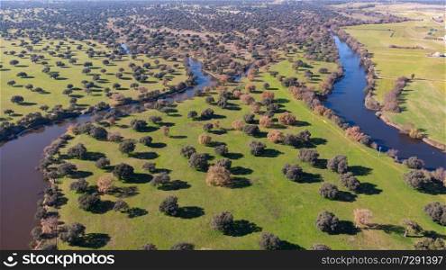 Aerial viewe of two rivers along the countryside in Spain