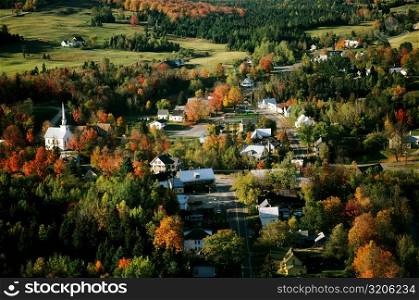 Aerial views of West burke, Vermont showing fall foliage