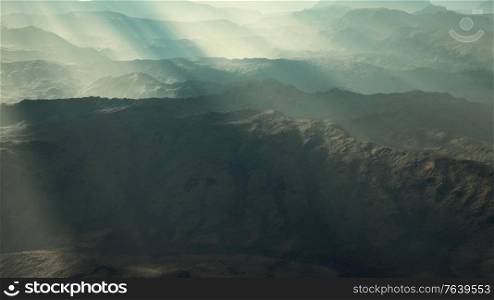 aerial vulcanic desert landscape with rays of light