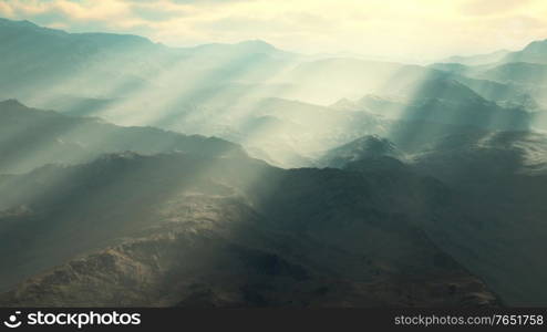 aerial vulcanic desert landscape with rays of light