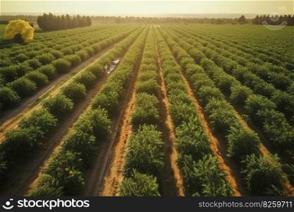 Aerialdrone shot of mile-wide orange and lemon. Lush green trees are heavy with bright fruit under the Mediterranean sun. Harvest workers move between the trees.. Generative AI.