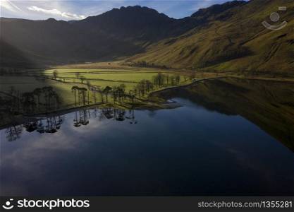 Aeriel shot of Buttermere, the lake in the English Lake District in North West England. The adjacent village of Buttermere takes its name from the lake.