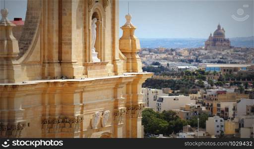 Aeriel view of city Victoria or Rabat and fragment of Gozo Cathedral , Victoria, Gozo, Malta .. Aeriel view of city Victoria or Rabat and fragment of Gozo Cathedral , Victoria, Gozo, Malta