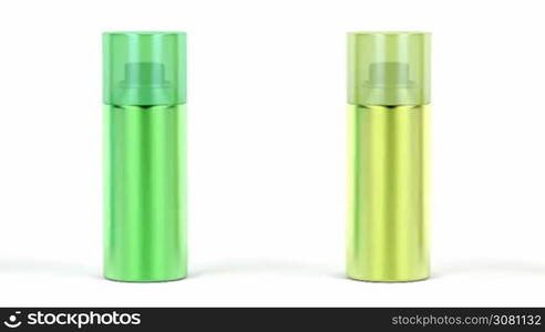 Aerosol spray cans with different colors on white background