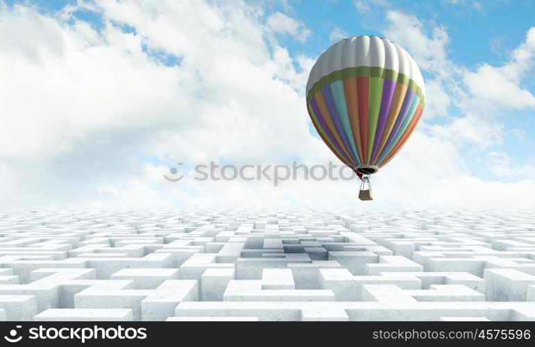 Aerostats in sky. Conceptual image with balloons flying high in sky