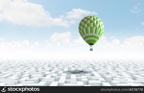 Aerostats in sky. Conceptual image with balloons flying high in sky