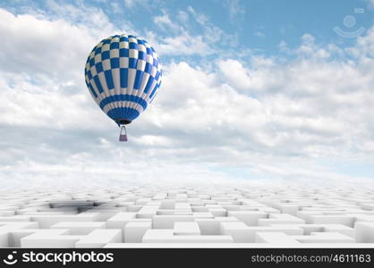 Aerostats in sky. Conceptual image with balloons flying high in sky