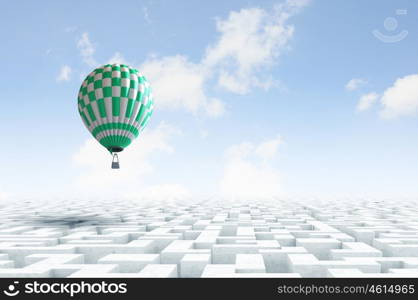 Aerostats in sky. Conceptual image with balloons flying high in sky