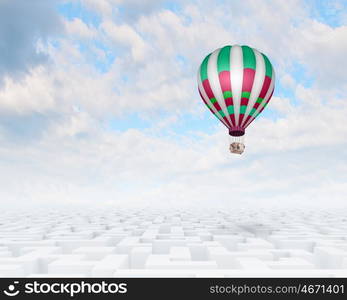 Aerostats in sky. Conceptual image with balloons flying high in sky