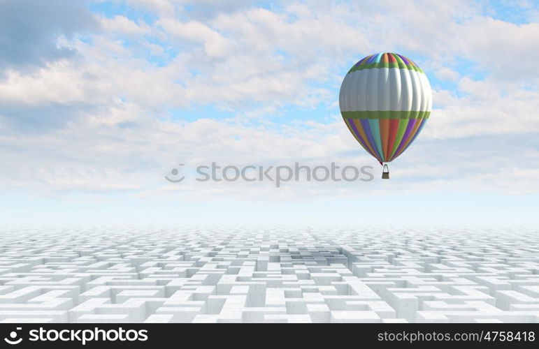 Aerostats in sky. Conceptual image with balloons flying high in sky