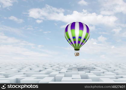 Aerostats in sky. Conceptual image with balloons flying high in sky