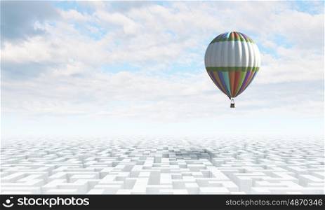 Aerostats in sky. Conceptual image with balloons flying high in sky