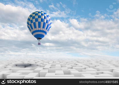 Aerostats in sky. Conceptual image with balloons flying high in sky