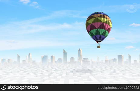 Aerostats in sky. Conceptual image with balloons flying high in sky