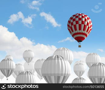 Aerostats in sky. Conceptual image with balloons flying high in sky