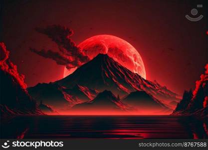 aesthetic red mountain and moon background