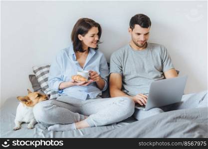 Affectionate couple enjoy spending weekends together, watch interesting film on laptop computer in bed, have breakfast and their jack russell terrier lying near them. Peope, family, rest concept
