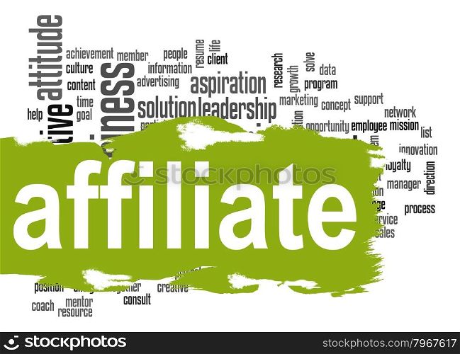 Affiliate word cloud with green banner image with hi-res rendered artwork that could be used for any graphic design.. Decision word cloud with yellow banner