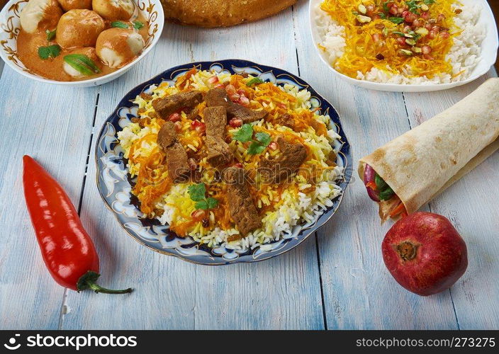 Afghani Pulao, Afghani uisine, central Asia Traditional assorted dishes, Top view.