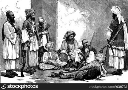 Afghanistan, group of Assidis past of Khyber, vintage engraved illustration. Journal des Voyages, Travel Journal, (1880-81).