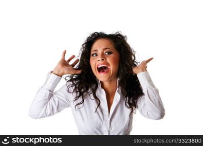 Afraid scared beautiful Caucasian Hispanic Latina young business woman with brown curley hair. Cute tanned brunette, ethnic girl in white shirt, yelling and screaming of fear, isolated.