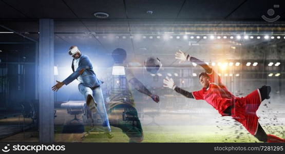 Aframerican man wearing virtual helmet and trying soccer game. Mixed media. African man in virtual helmet . Mixed media