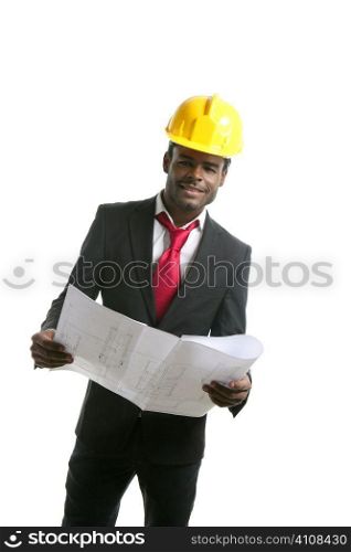 African american architect engineer with yellow hardhat and plans