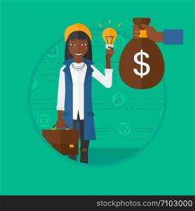 African-american business woman exchanging idea bulb to money bag. Young happy woman having business idea. Business idea concept. Vector flat design illustration in the circle isolated on background.. Successful business idea vector illustration.
