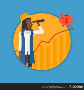 African-american business woman looking through spyglass at piggy bank standing at the top of growth graph. Business vision concept.Vector flat design illustration in the circle isolated on background. Woman looking through spyglass at piggy bank.