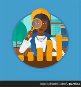 African-american business woman sitting in the office and looking through magnifier at golden coins. Concept of business success. Vector flat design illustration in the circle isolated on background.. Woman looking through magnifier at gold coins.