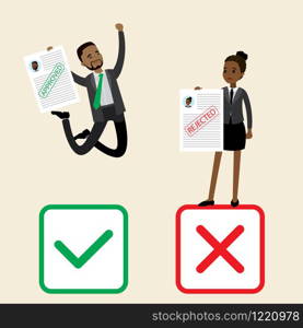 African american businessman with approved paper,sad businesswoman with rejected paper,flat vector illustration