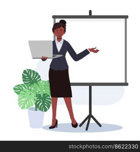 African american Businesswoman standing and holding laptop to present business presentation. Vector illustrations.