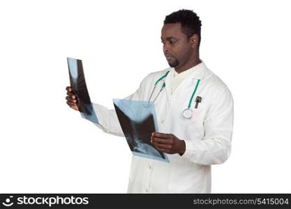 African american doctor looking a radiography isolated on a over white background