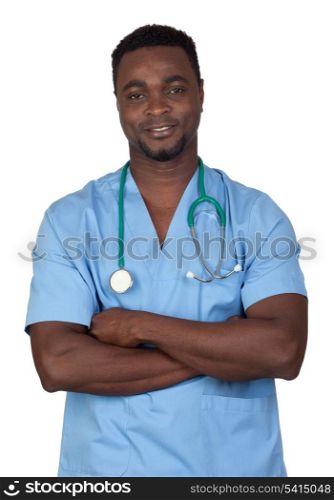 African american doctor with blue uniform isolated on a over white background